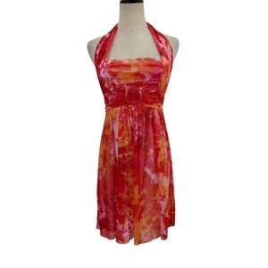 Y2K City Triangles Halter Mini Dress Pink Orange‎ floral Empire Waist Sheer Sz M